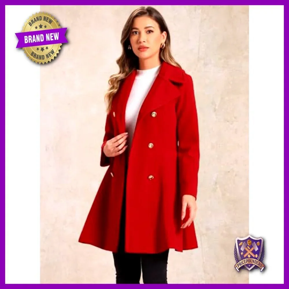 A-Line Double Breasted Pea Coat Lapel Collar Long Winter Wool Blend Classic